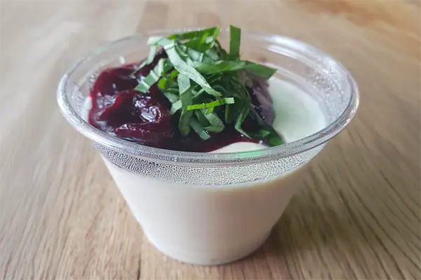 A silky, velvety panna cotta topped with a fresh, sweet-tart cherry compote.